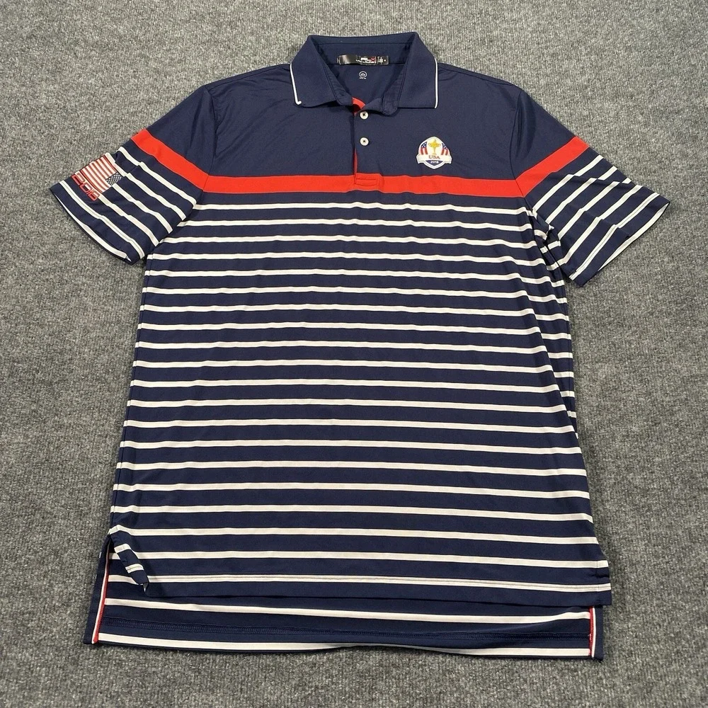 RLX Ralph lauren Mens Medium Performance Fabric Wicking Golf Striped Polo Shirt